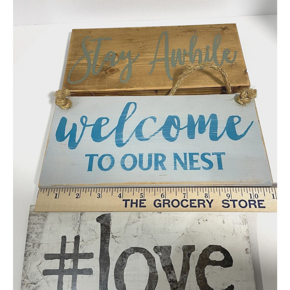 Set of 3 Wooden Signs Wall Hanging Decor Farmhouse Rustic Love Welcome Nest Blue - Picture 6 of 7